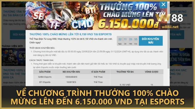 Về chương trình thưởng 100% chào mừng lên đến 6.150.000 VND tại Esports