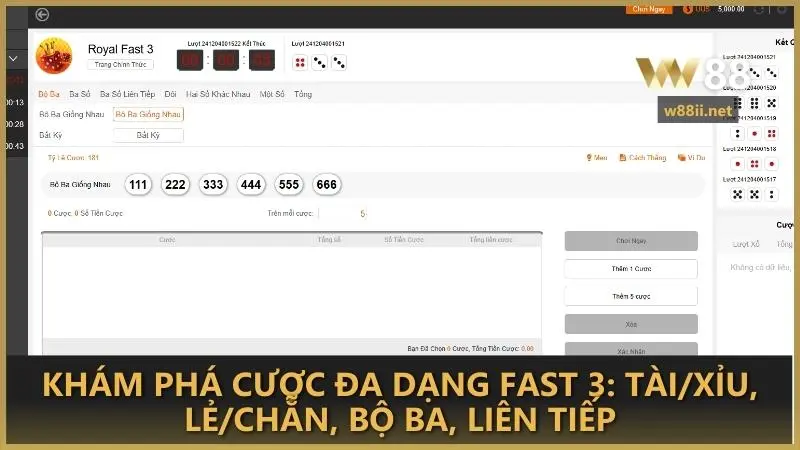 Khám phá cược đa dạng Fast 3: Tài/Xỉu, lẻ/chẵn, bộ ba, liên tiếp