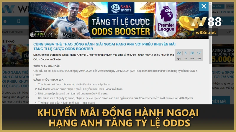 Khuyến mãi đồng hành Ngoại Hạng Anh tăng tỷ lệ odds