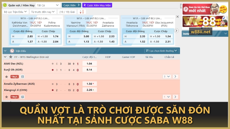 Quần vợt là trò chơi được săn đón nhất tại sảnh cược SABA W88