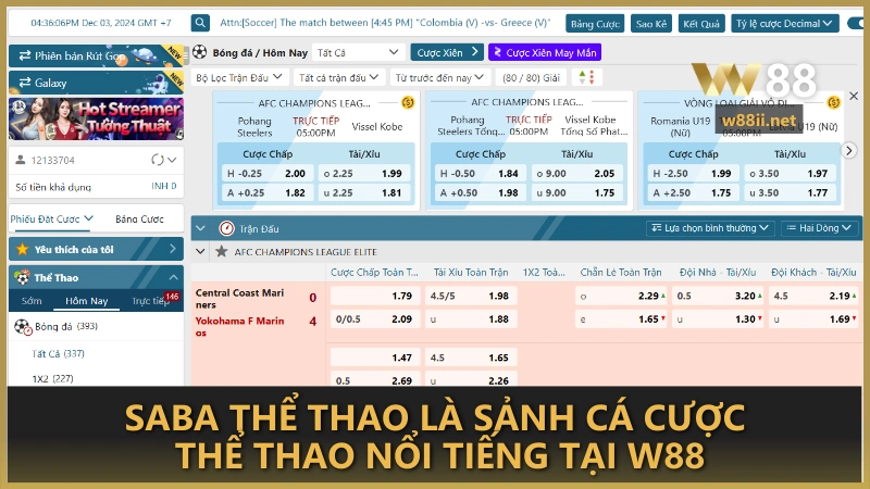 SABA thể thao là một trong những sảnh cá cược thể thao nổi tiếng tại W88