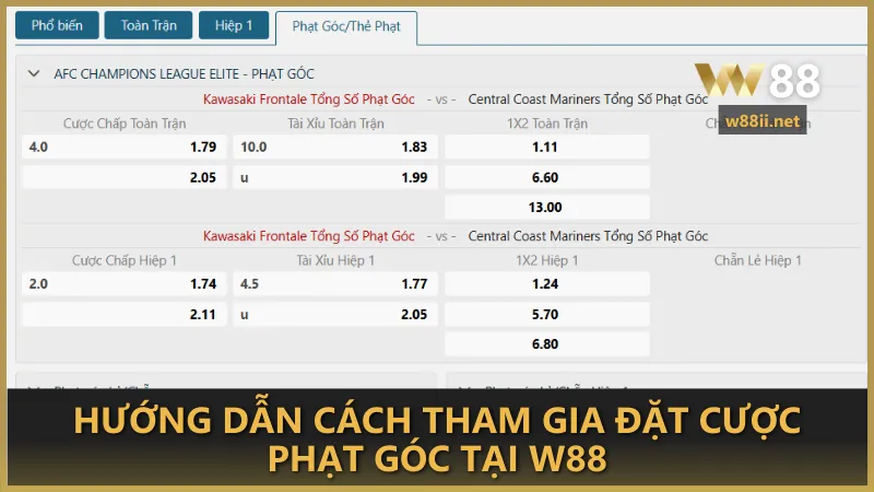 Các bước đơn giản để tham gia cược phạt góc tại W88, giúp bạn đặt cược nhanh chóng và tối ưu cơ hội chiến thắng.